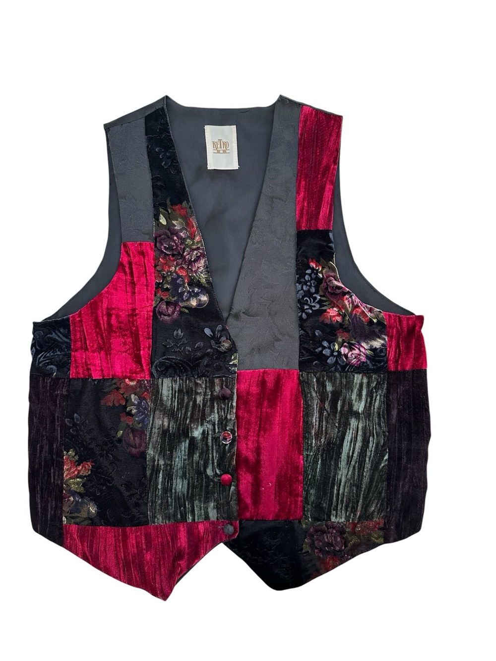 Retro Multicolor Velvet Patchwork Vest in Burgundy, Black & Green